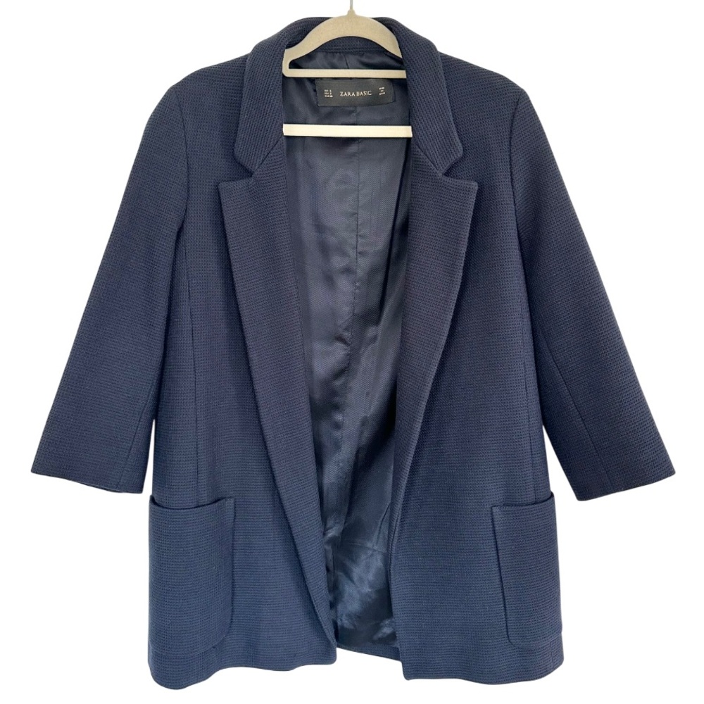 Zara Navy Blue Open-Front Textured Blazer With 3/4 Sleeves